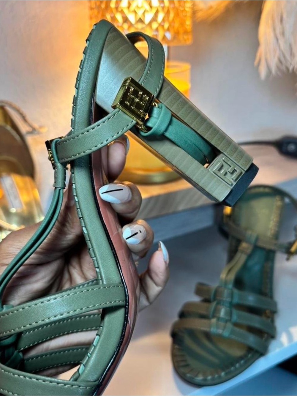 Fendi Olive Green Leather Strappy Sandals with Gold Buckles - Picture 3 of 8